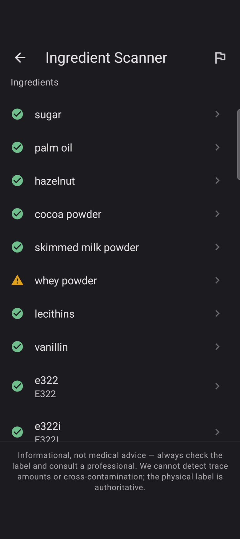The Ingredo.app ingredient list for a scanned product, each ingredient marked safe or flagged for caution