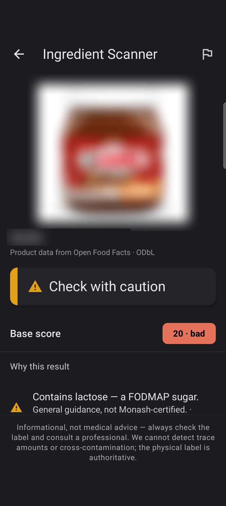 A scanned product in Ingredo.app: a "check with caution" verdict, a base score, and the reason — it contains lactose, a FODMAP sugar