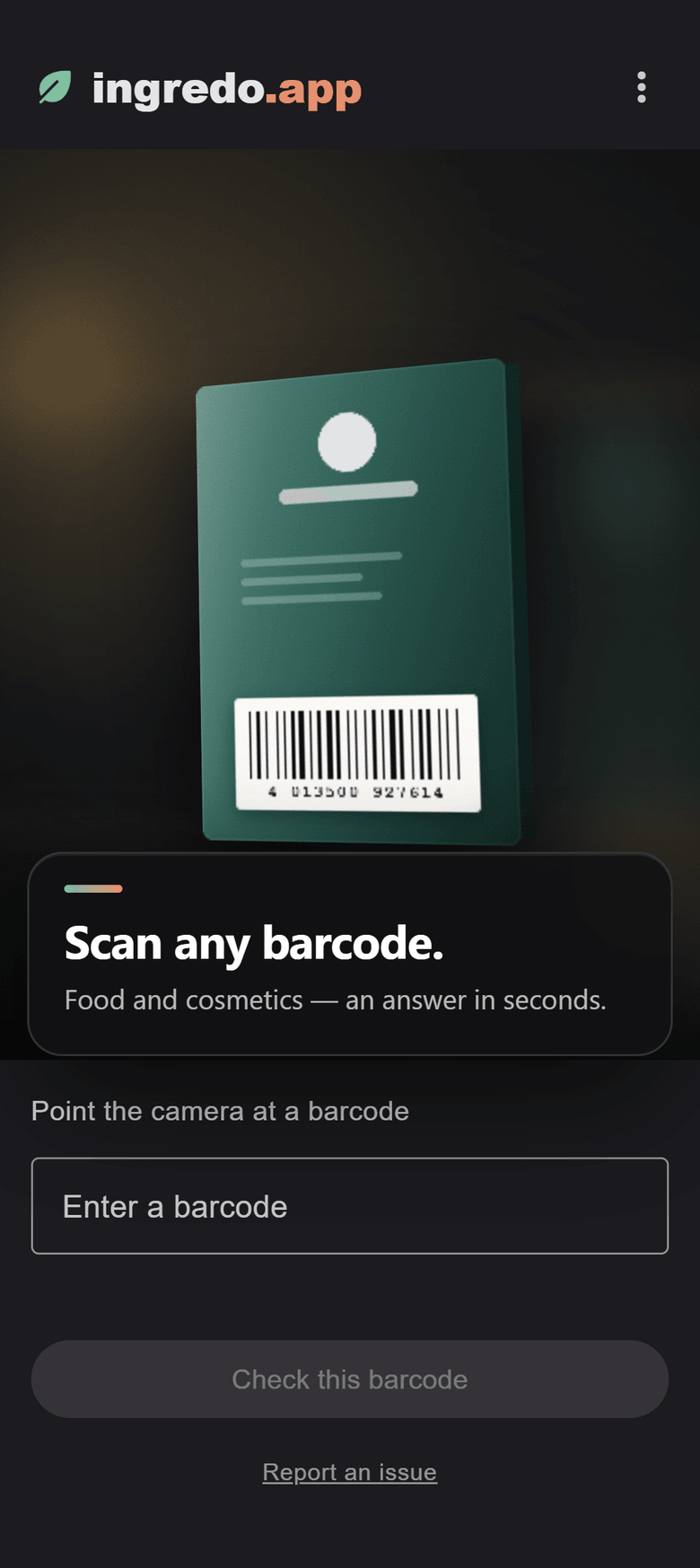 Scanning a product barcode with the Ingredo.app camera viewfinder