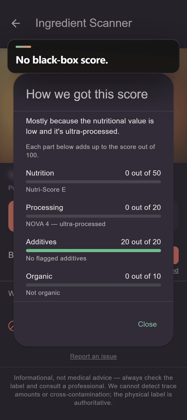 Ingredo.app showing how a product’s score was built: nutrition, processing, additives and organic, each with its own points